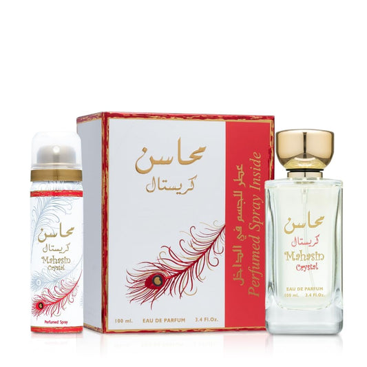 Lattafa Perfumes Mahasin Crystal 2-Piece Set for Women, (3.4 Ounce Eau De Parfum Spray + 1.7 Deodorant Spray) - Medaid International