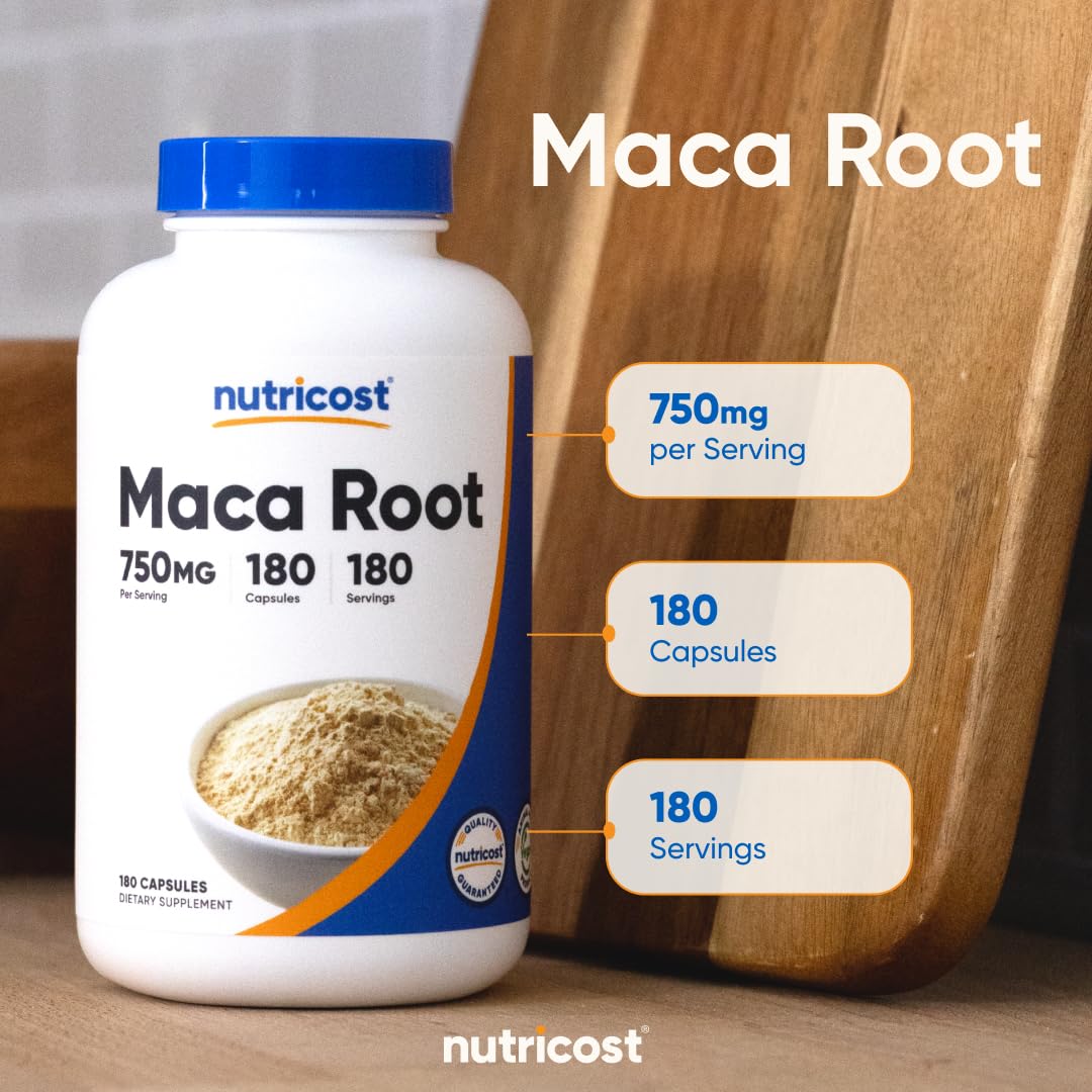 Nutricost Maca Root Capsules (Lepidium meyenii) 750mg, 180 Capsules, 180 Servings - Medaid International