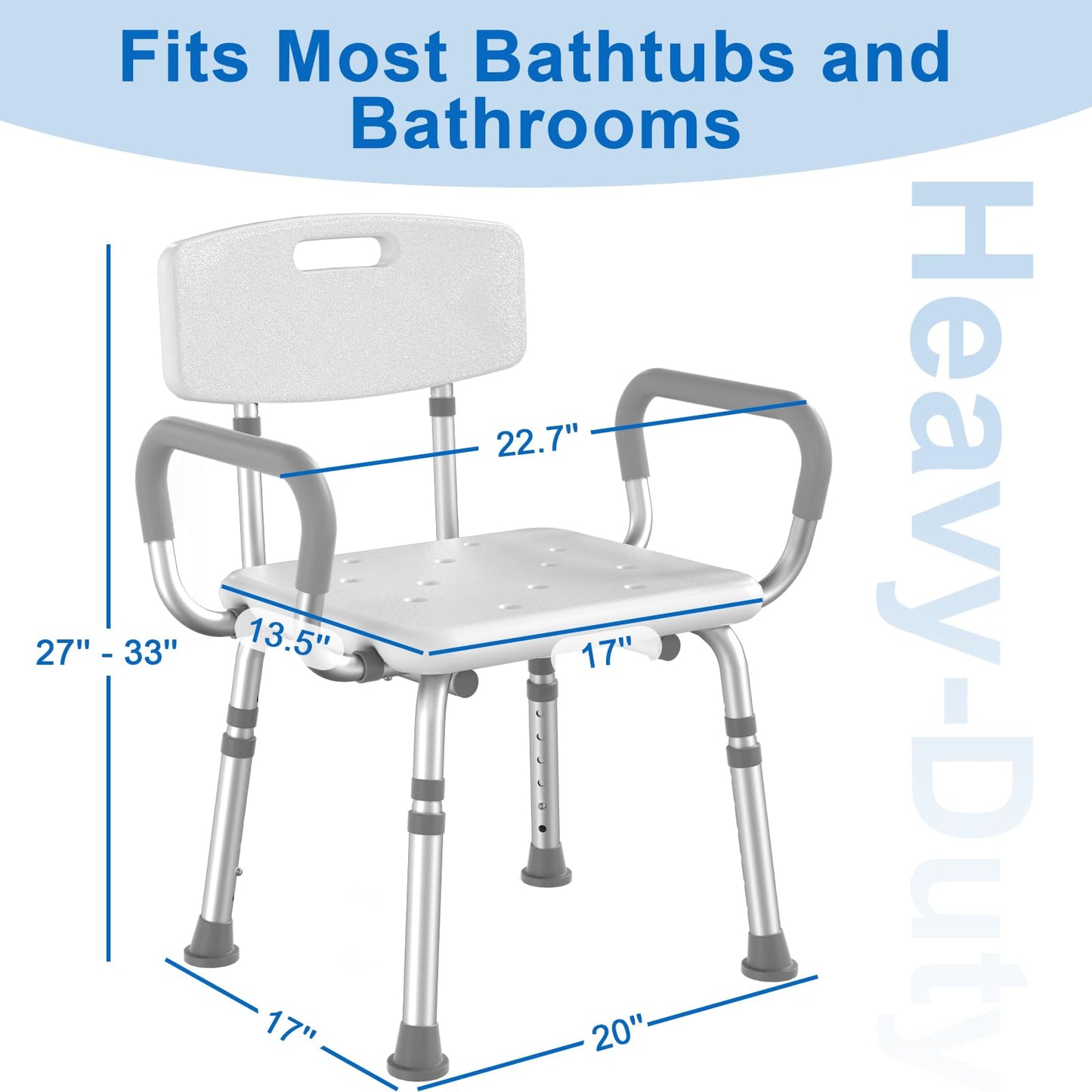 HOMLAND Shower Chair for Inside Shower with Arms and Back, 500 lbs Heavy Duty Shower Seat for Bathtub, Height Adjustable Safety Bath Seat for Elderly, Adults, Handicap and Disabled, White - Medaid International