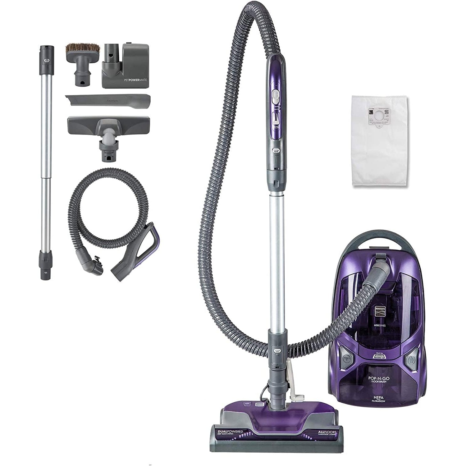 Kenmore 600 Series Friendly Lightweight Bagged Canister Vacuum with Pet PowerMate, Pop-N-Go Brush, 2 Motors, HEPA Filter, Aluminum Telescoping Wand, Retractable Cord and 4 Cleaning Tools, Purple - Medaid International