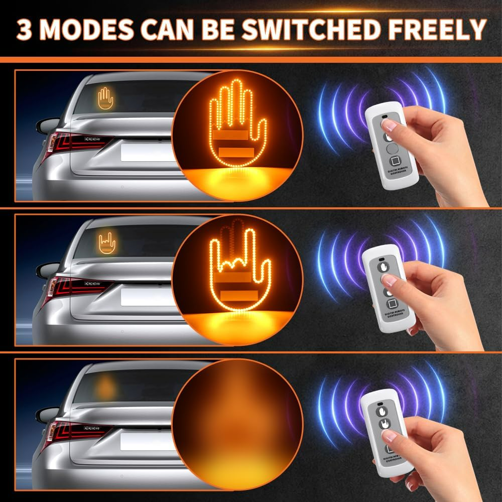LED Hand Signal Car 3 Modes Middle Finger for Car Rear Window Road With Remote Control - Medaid International