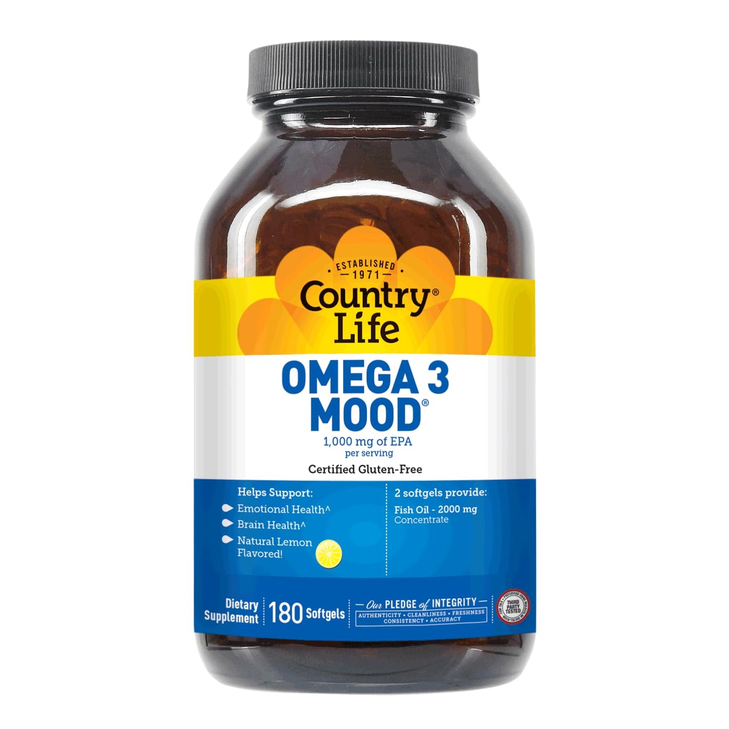 Country Life Omega 3 Fish Oil Supplement - High Concentration EPA and DHA Omega 3 Fatty Acids - 2000mg Fish Oil for Emotional Health, Mood Support, and No Fish Taste - Natural Lemon Flavor - Medaid International