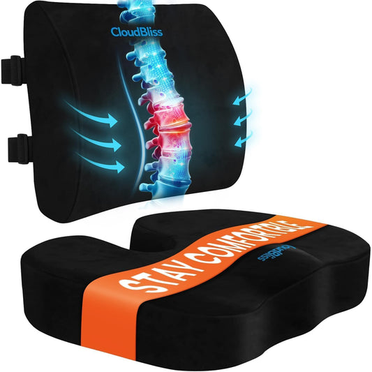 CloudBliss Seat Cushion,Office Chair Cushion,Car Seat Cushions,Lumbar Support Pillow for Office Chair,Back Support Memory Foam Pillow Coccyx Cushions for Tailbone Pain,Sciatica Back Pain Relief Black - Medaid International