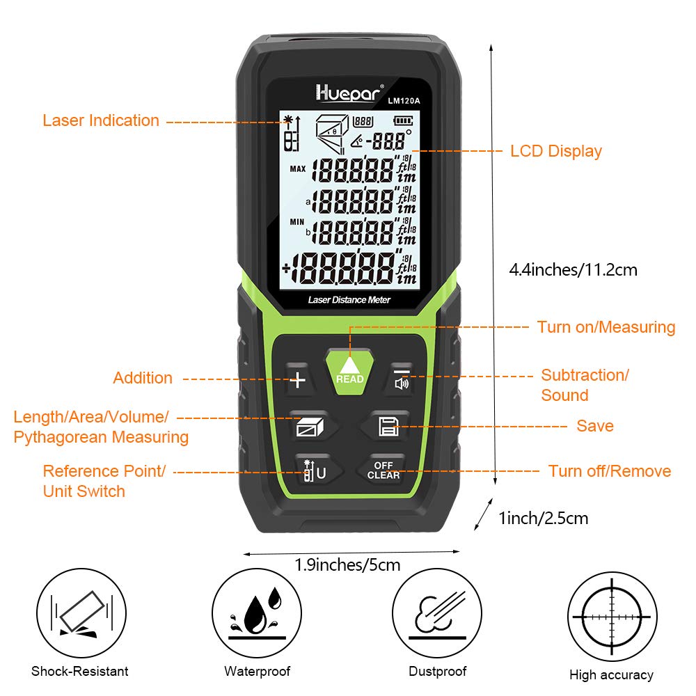 Huepar Laser Distance Meter 393Ft with Li-ion Battery & Electric Angle Sensor, Backlit LCD Laser Measure M/in/Ft with High Accuracy Multi-Measurement Modes, Pythagorean, Distance, Area&Volume - Medaid International