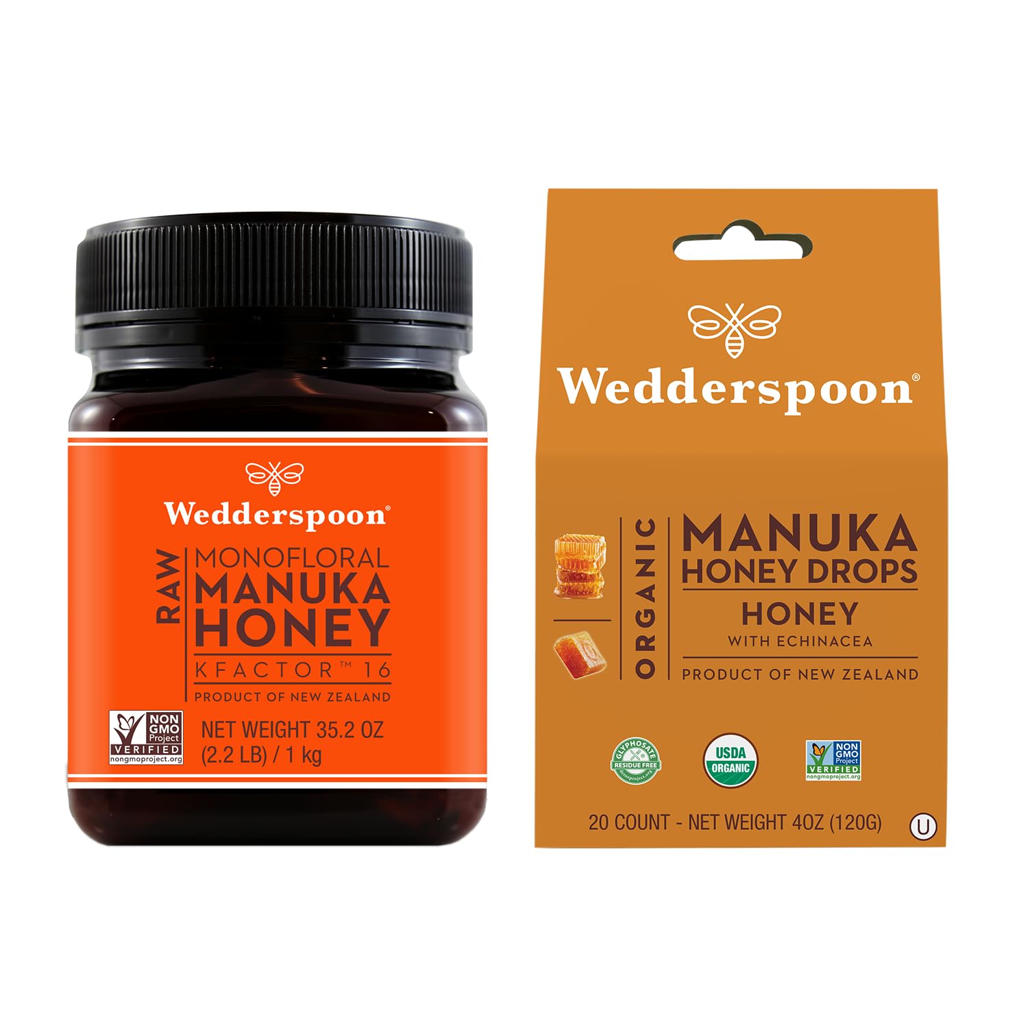 Bundle - Wedderspoon Raw Premium Manuka Honey KFactor 16 (35.2 Oz) and Manuka Honey Drops Honey & Echinacea (4 Oz) - Medaid International