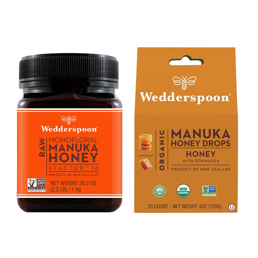 Bundle - Wedderspoon Raw Premium Manuka Honey KFactor 16 (35.2 Oz) and Manuka Honey Drops Honey & Echinacea (4 Oz) - Medaid International
