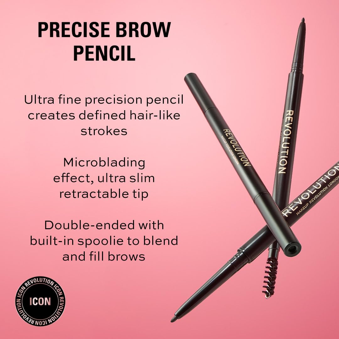 Revolution, Precise Brow Pencil, Double Ended, Ultra-Fine Pencil Tool, Includes Spoolie Brush, Medium Brown - Medaid International