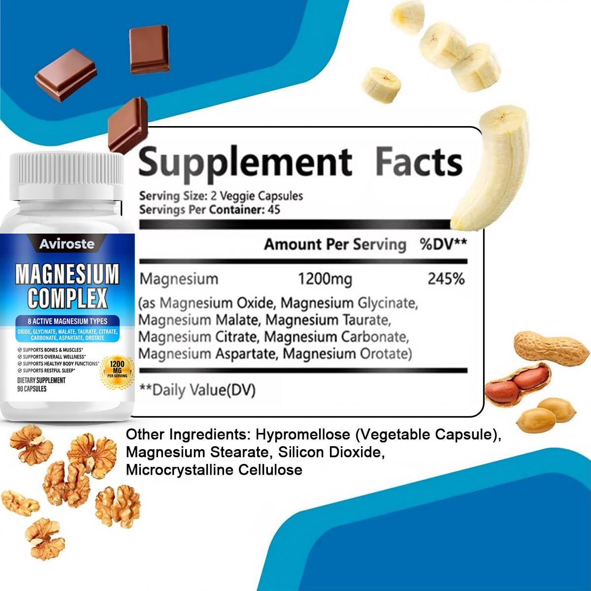 8 in 1 Magnesium Complex Supplement - 8 Elemental 1000mg - Magnesium Glycinate, Citrate, Malate, Taurate - High Absorption,for Muscle, Nerve & Sleep Support - 90 Capsules - Medaid International
