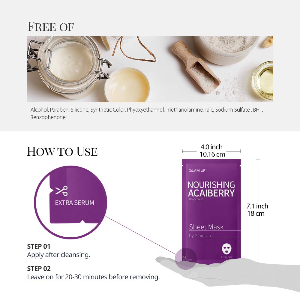 GLAM UP Sheet Mask Nourishing AcaiBerry (10 sheets) - Dewy Skin - Medaid International