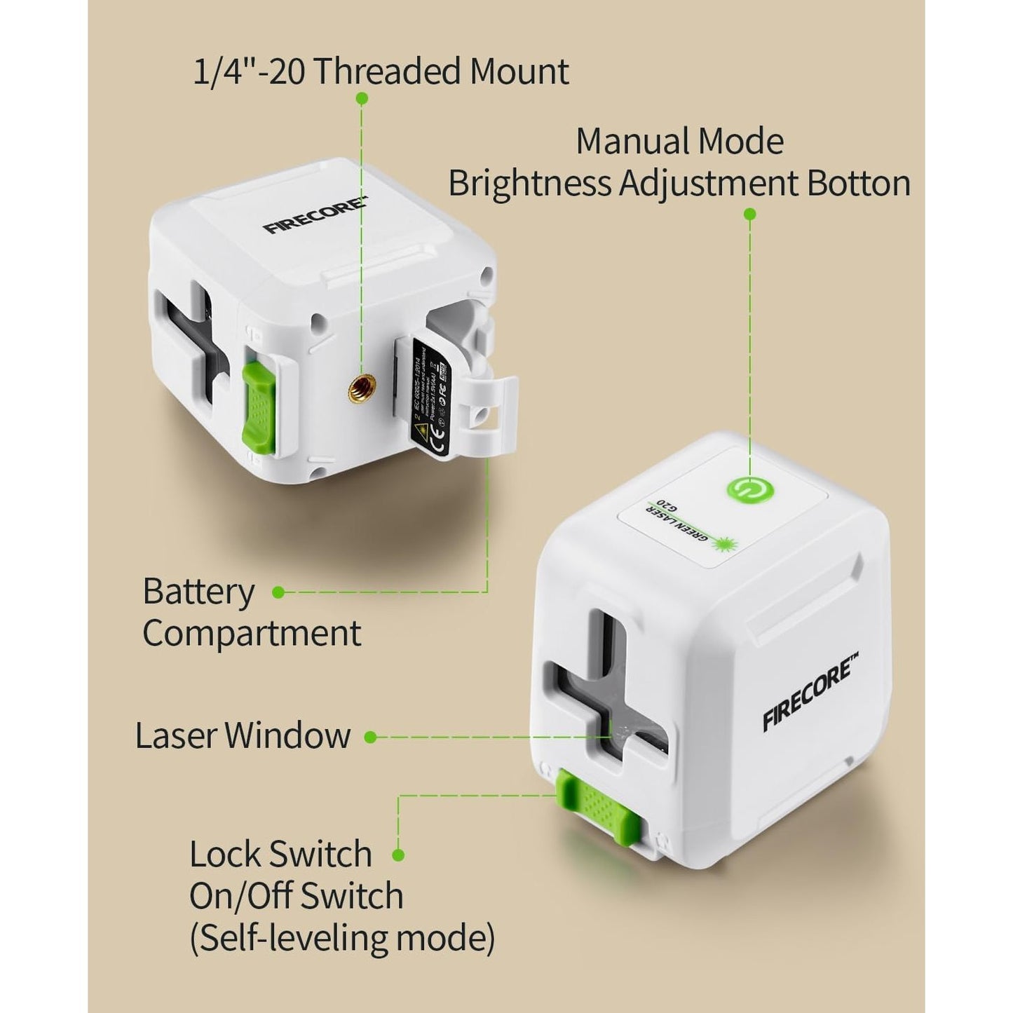 Firecore 82Ft Self Leveling Laser Level, Green Cross Line Laser Leveler Tool with Brightness Adjustment, Accurate Lazer Level for Picture Hanging Home Decoration,Battery Carry Pouch Included - Medaid International