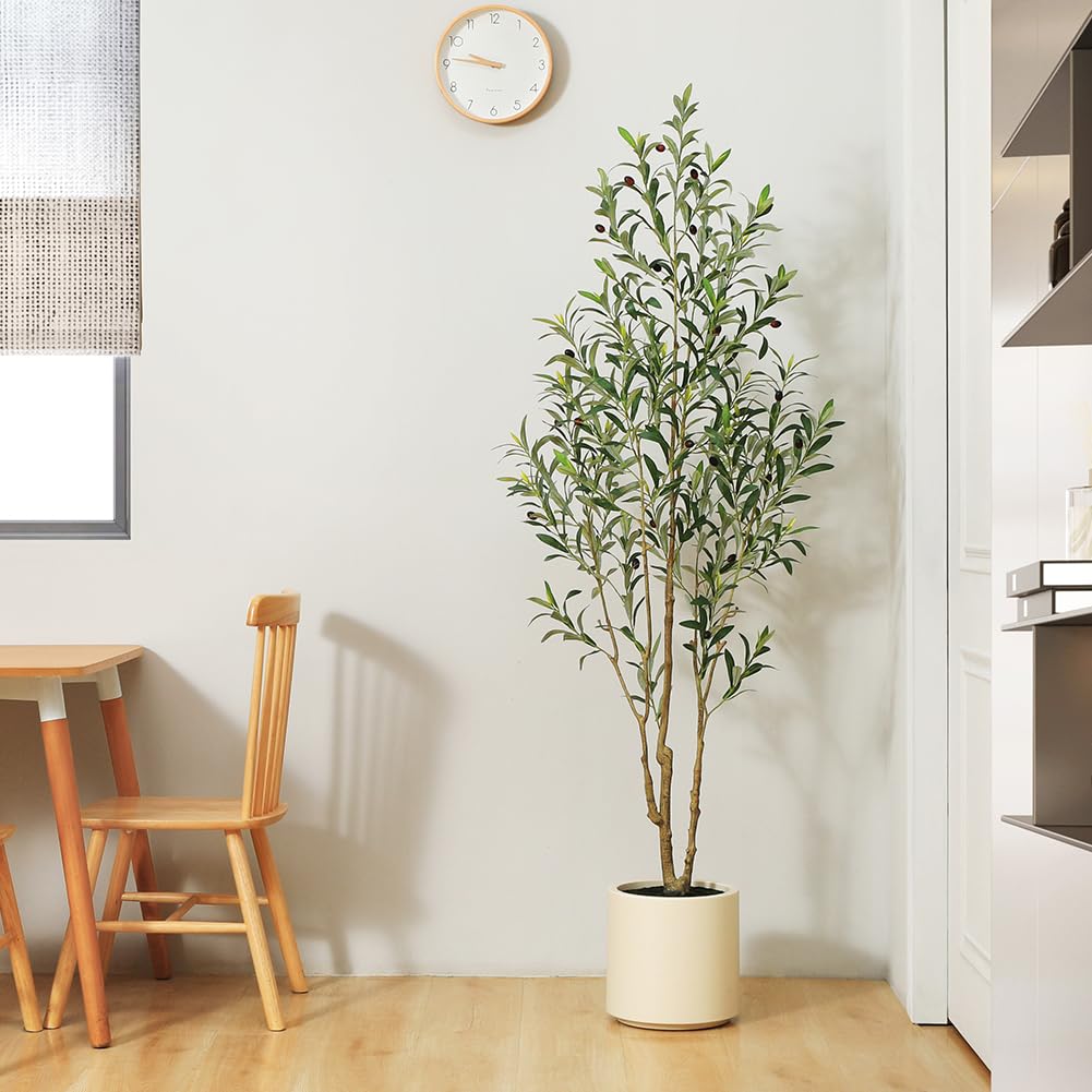 LOMANTO Artificial Olive Trees, 6 ft Tall Fake Olive Trees for Indoor, Faux Olive Silk Tree, Large Olive Plants with White Planter for Home Decor and Housewarming Gift, 1 Pack - Medaid International