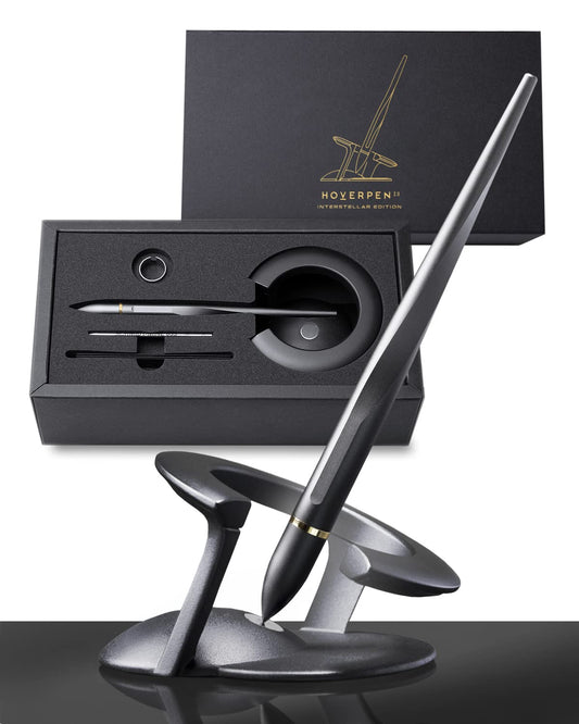 novium Hoverpen Interstellar - Space Black, Ballpoint Pen, 18K Gold-plated Pen Ring, 23.5 Degree Angle, Schmidt Ballpoint Refill, No Spills, No Spotting, No Explosions - Medaid International