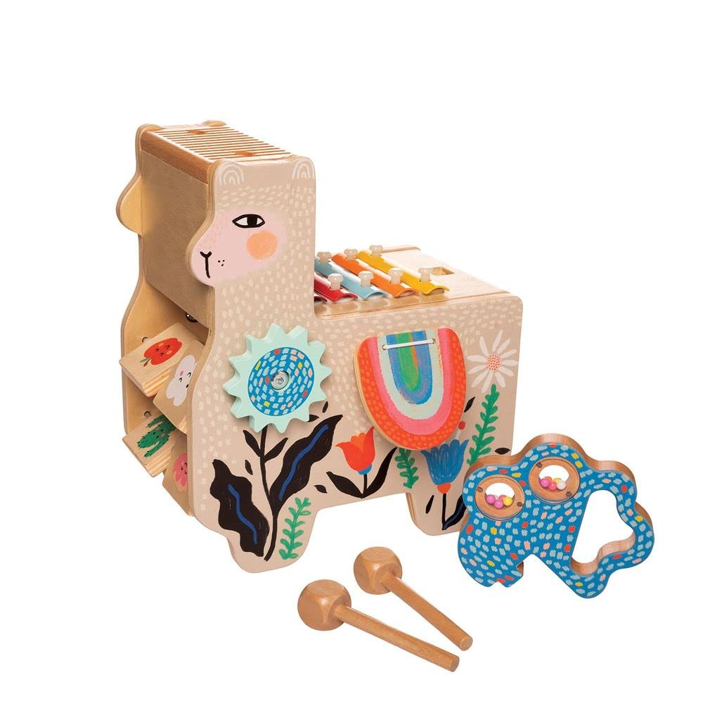 Manhattan Toy Musical Llama Wooden Instrument for Toddlers with Maraca, Clacking Saddlebags, Drumsticks, Washboard & Xylophone - Medaid International