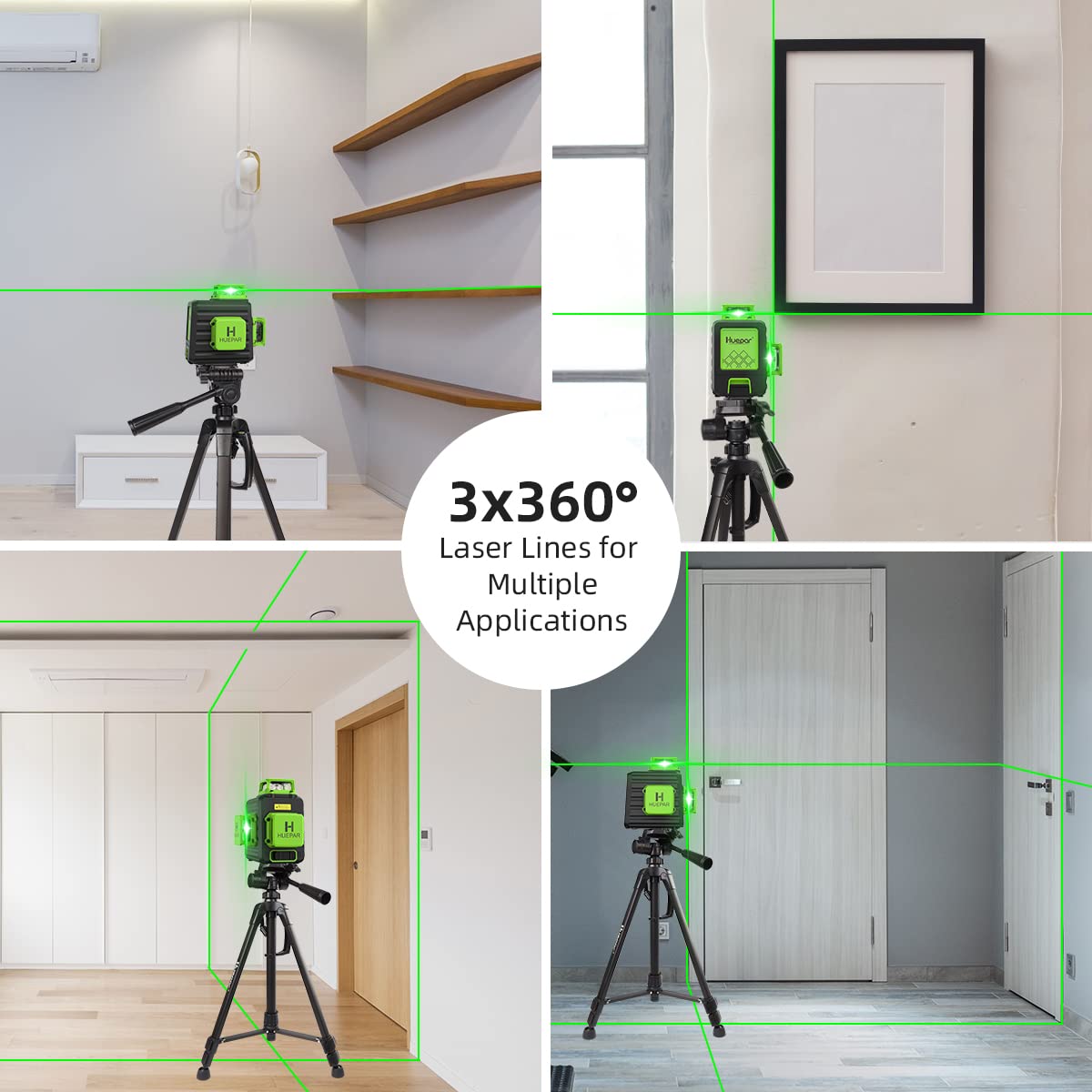 Laser Level 360 Self Leveling with 47" Tripod, Huepar 3x360° High Brightness Green Laser Leveler Tool for Construction, Tile and Picture Hanging, 5200 mAh Li-ion Battery & 2 Portable Bag Included - Medaid International