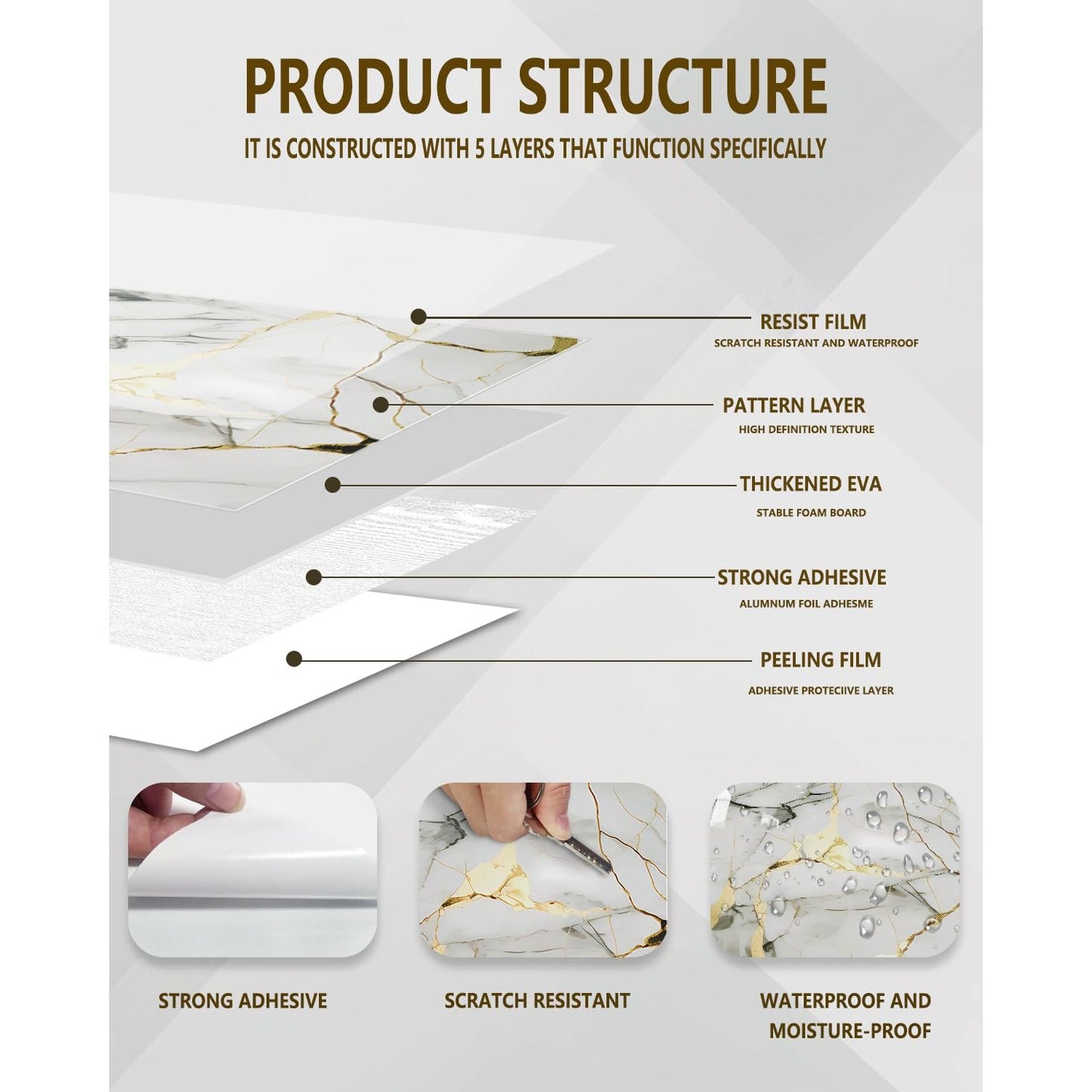 BESTWOO 10 Sheets Marble Peel and Stick Backsplash Tile, 12"x12" Waterproof PVC Self Adhesive Tile Shower Wall Panels for Bathroom, Kitchen, Living Room (Gold White) - Medaid International