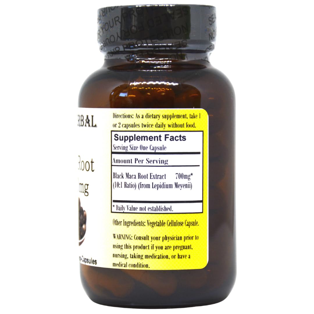 Barlowe's Herbal Elixirs Black Maca | Peruvian Maca Root Extract | 700 mg per Capsule | 60 Veggie Capsules (Vegan, Kosher, Halal) | | Glass Bottle | Third Party Tested - Medaid International