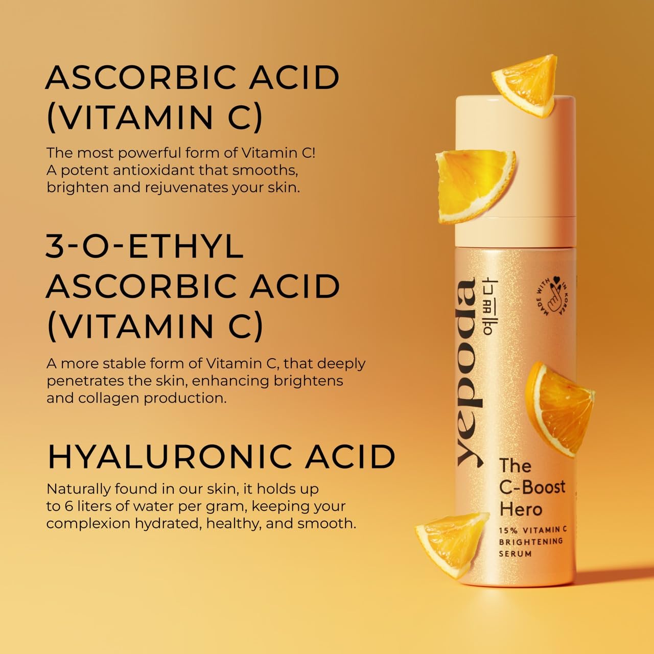 Yepoda The C-Boost Hero – 15% Vitamin C Serum with Hyaluronic Acid, brightening and anti-aging, vegan Korean serum for uneven skin, fine lines, and all skin types, 1.01 FL. OZ. - Medaid International