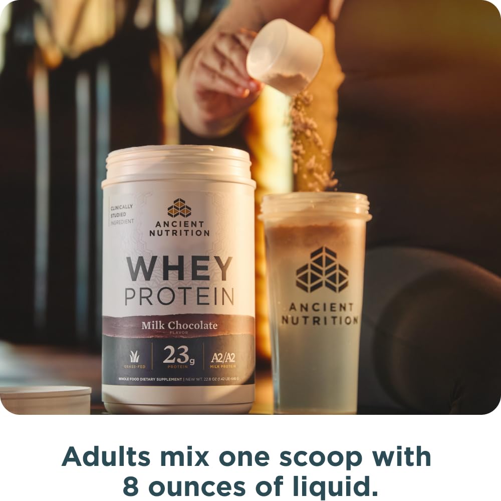 Ancient Nutrition Grass Fed Whey Protein, Milk Chocolate, 23g Protein, 20 Servings, Hydrolyzed Collagen Peptides, Organic Regenerative A2/A2 Milk Protein - Medaid International