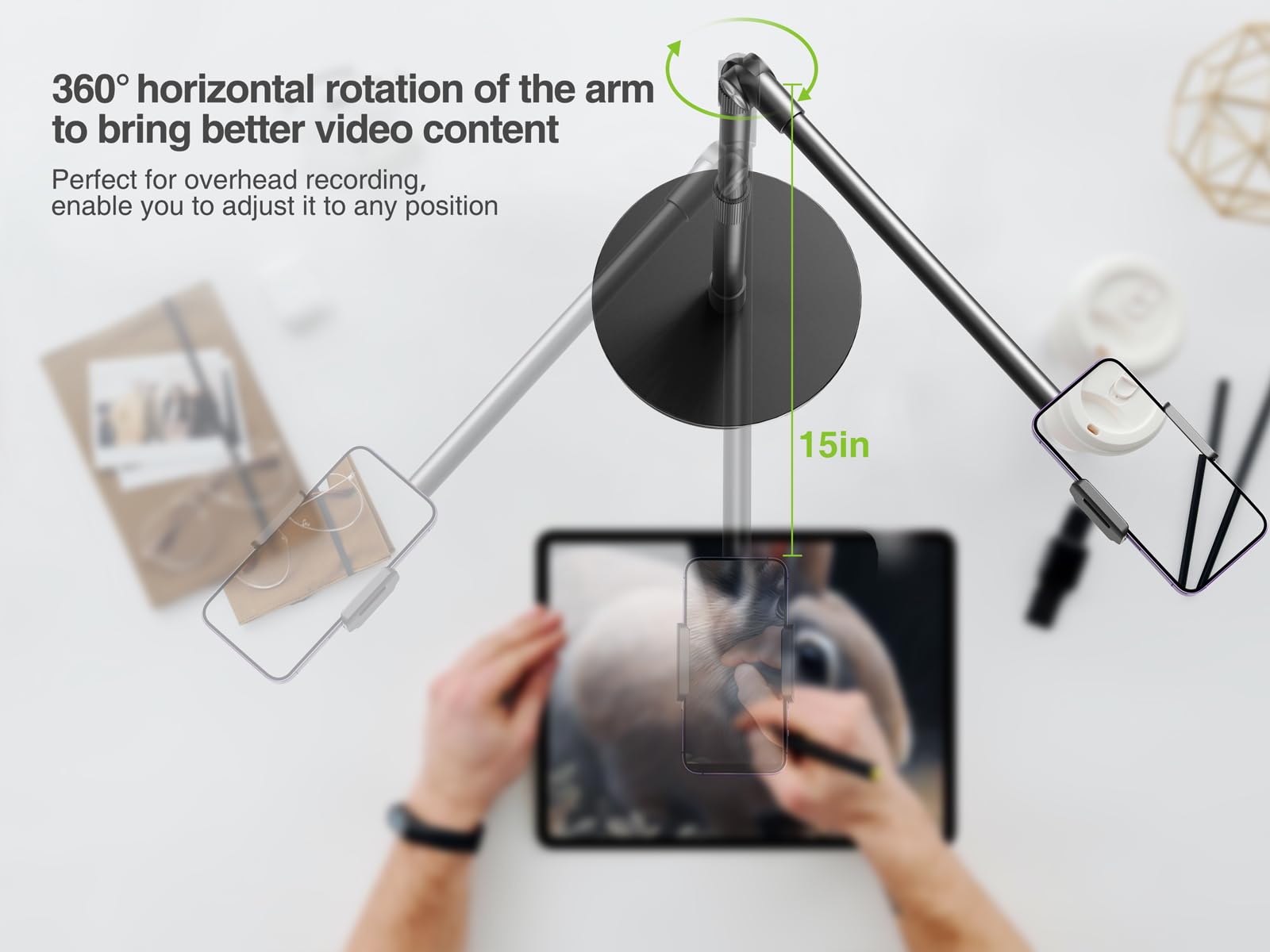 elitehood Heavy Duty Aluminum Overhead Phone Stand, 15 in Long Arm iPhone Holder for Video Recording, 360 Degrees Swivel Tilt Overhead Phone Mount for Filming, Meeting, Cooking, Painting and Crafting - Medaid International