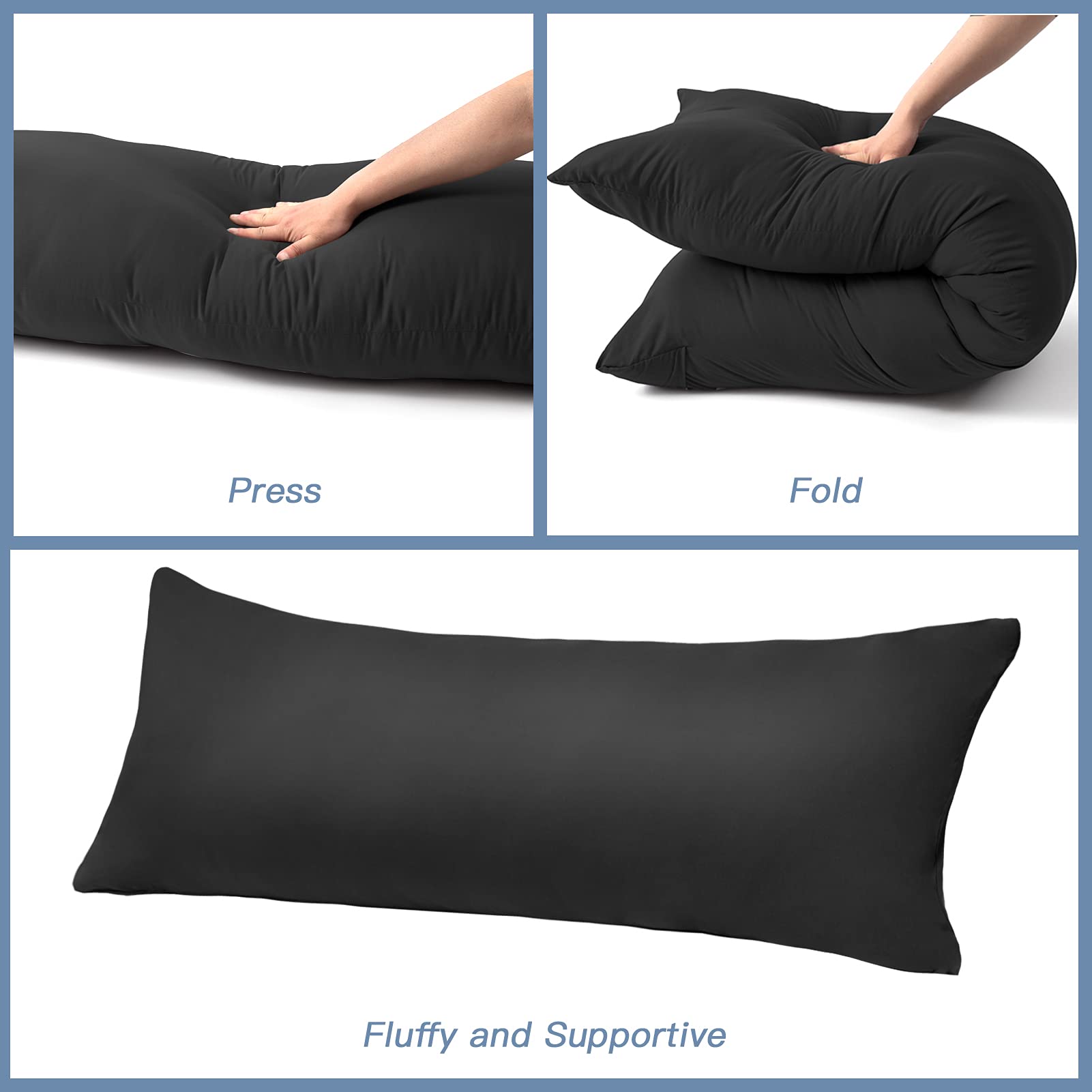 DOWNCOOL Luxury Full Body Pillow Insert with Fiber Cover - Ultra Soft Body Pillow for Sleeping - Breathable Long Bed Pillow Insert, 20"x54"(Black, with Cover) - Medaid International