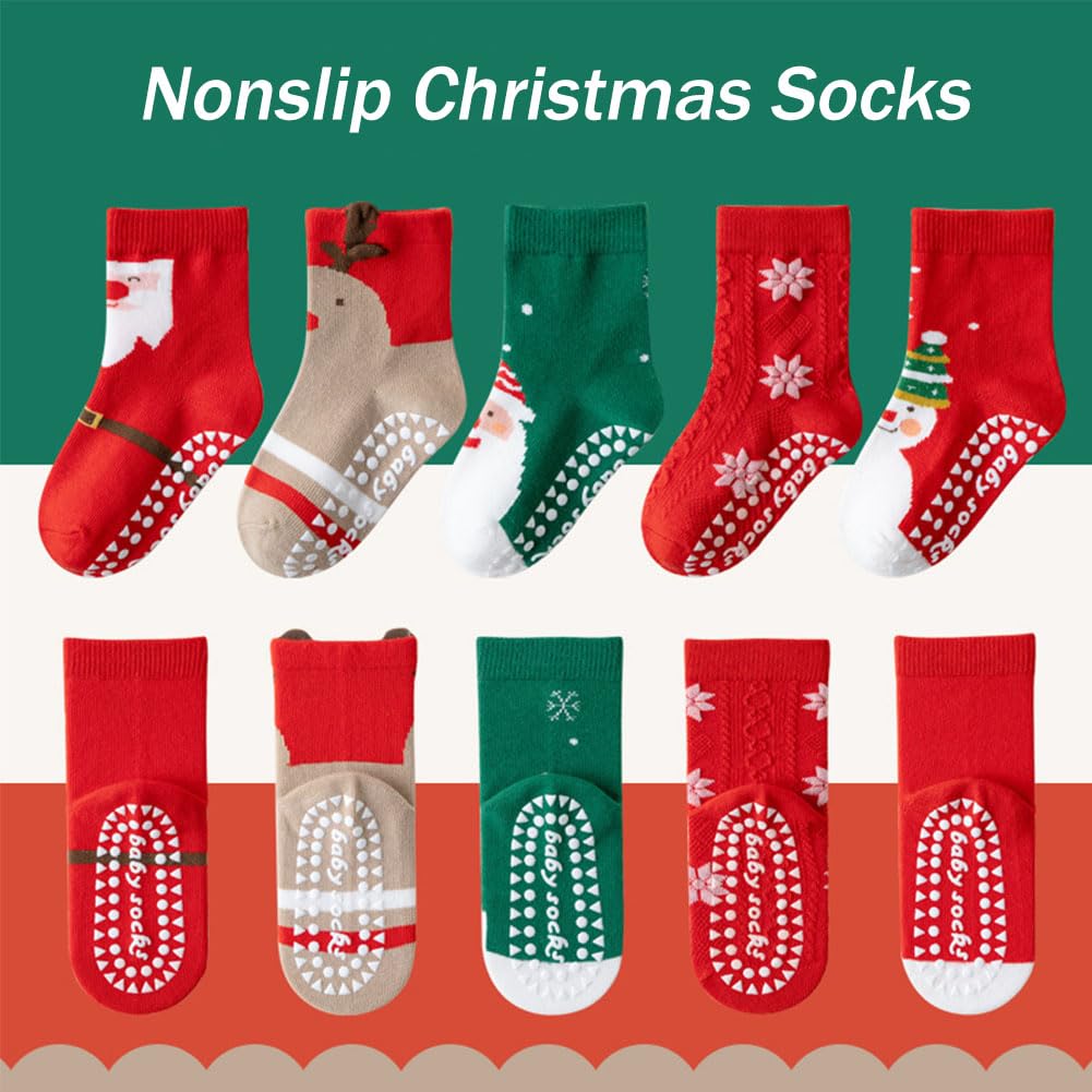 WATOCHE Kids Christmas Socks Toddler Nonslip Grip Christmas Xmas Socks for Baby Holiday Winter Warm for Boys/Girls(Nonslip Elk Set,3-5T) - Medaid International