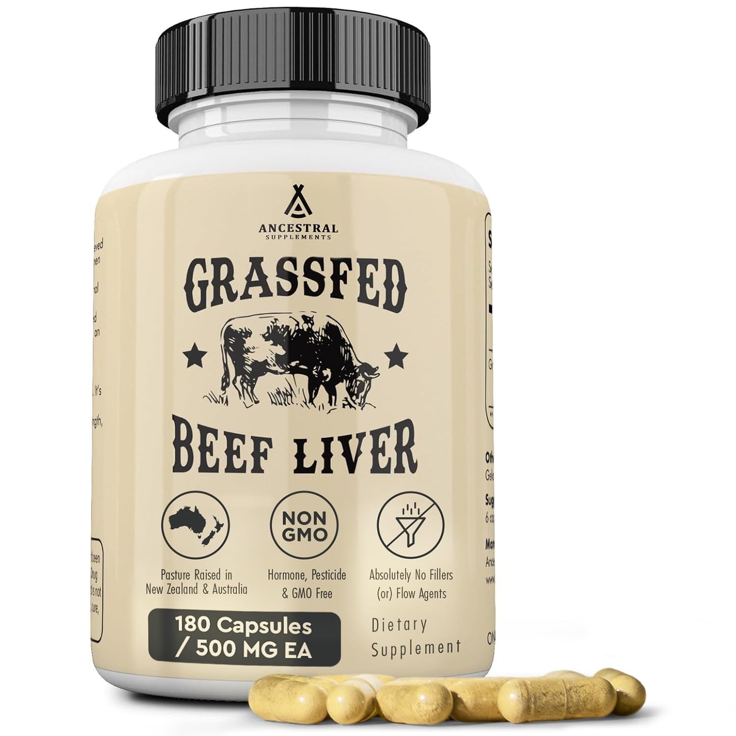 Ancestral Supplements Grass Fed Beef Liver 180 Capsules, Supports Energy Production, Detoxification, Digestion, Immunity and Full Body Wellness, Non-GMO, Freeze Dried Liver Health Supplement - Medaid International