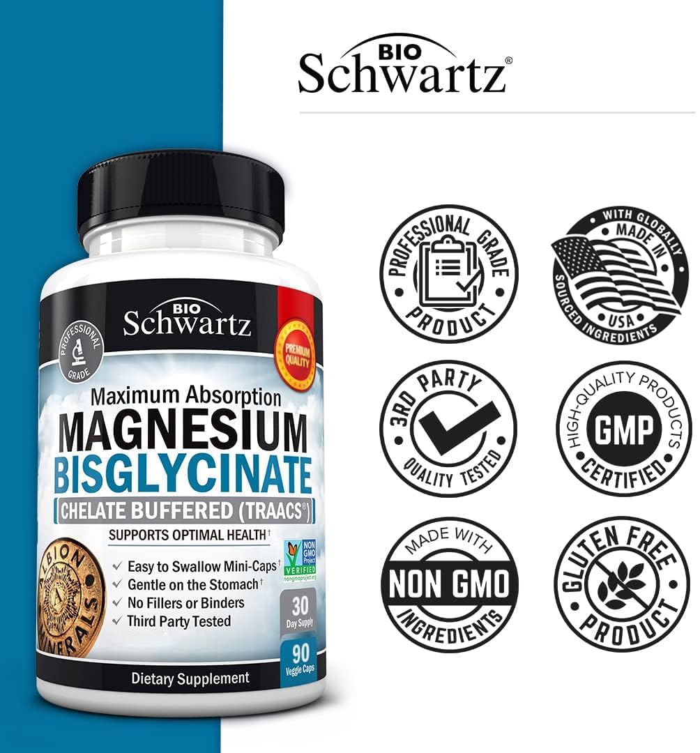 Magnesium Bisglycinate 100% Chelate No-Laxative Effect - Maximum Absorption & Bioavailability, Fully Reacted & Buffered - Healthy Energy Muscle Bone & Joint Support - Non-GMO Project Verified - 90 ct - Medaid International