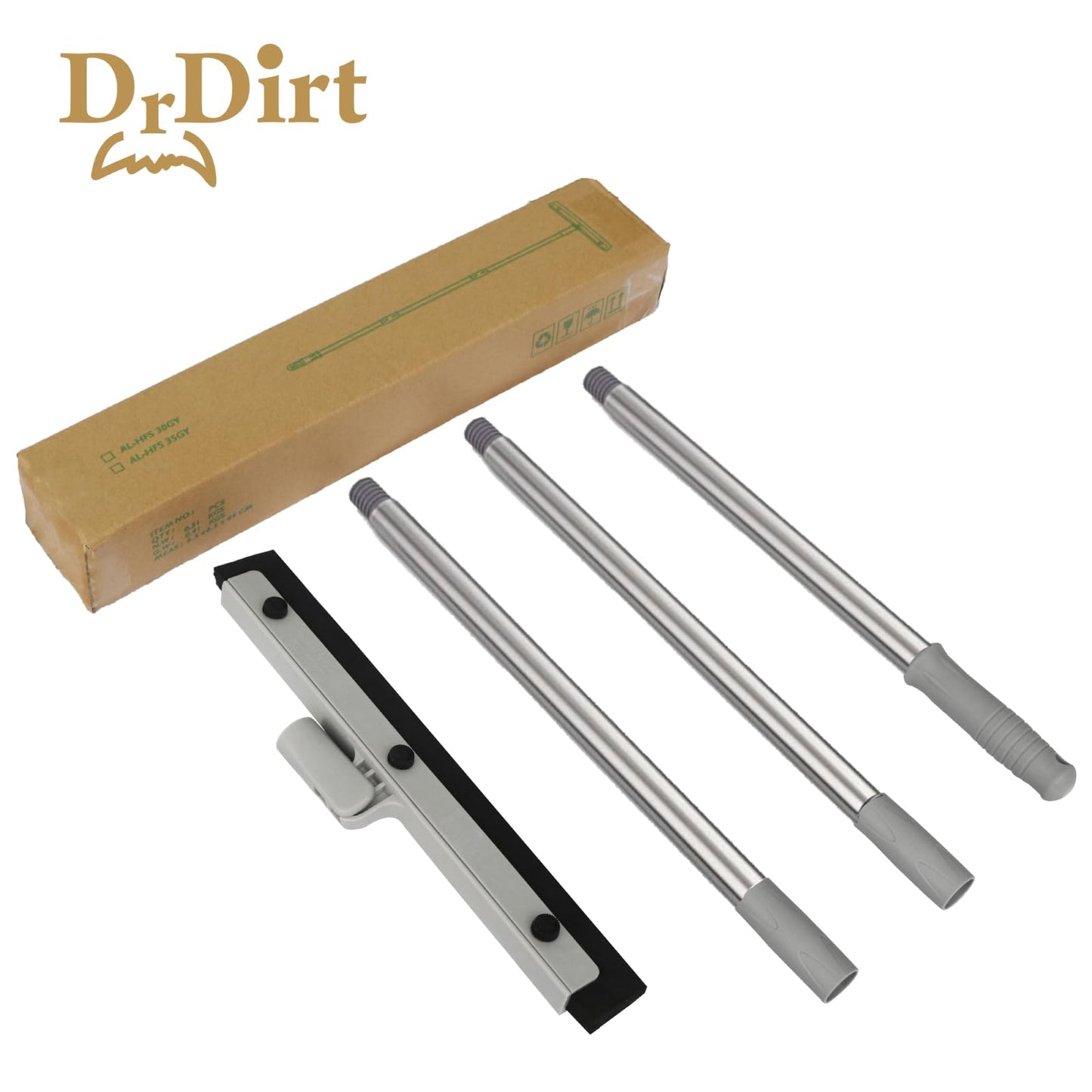 DrDirt Floor Squeegee, 14-Inch Swivel Squeegee Head, Replaceable Foam Rubber Blade, 3-Section Stainless Steel Pole, for Bathroom, Kitchen, Pet Hair, and Carpet - Medaid International