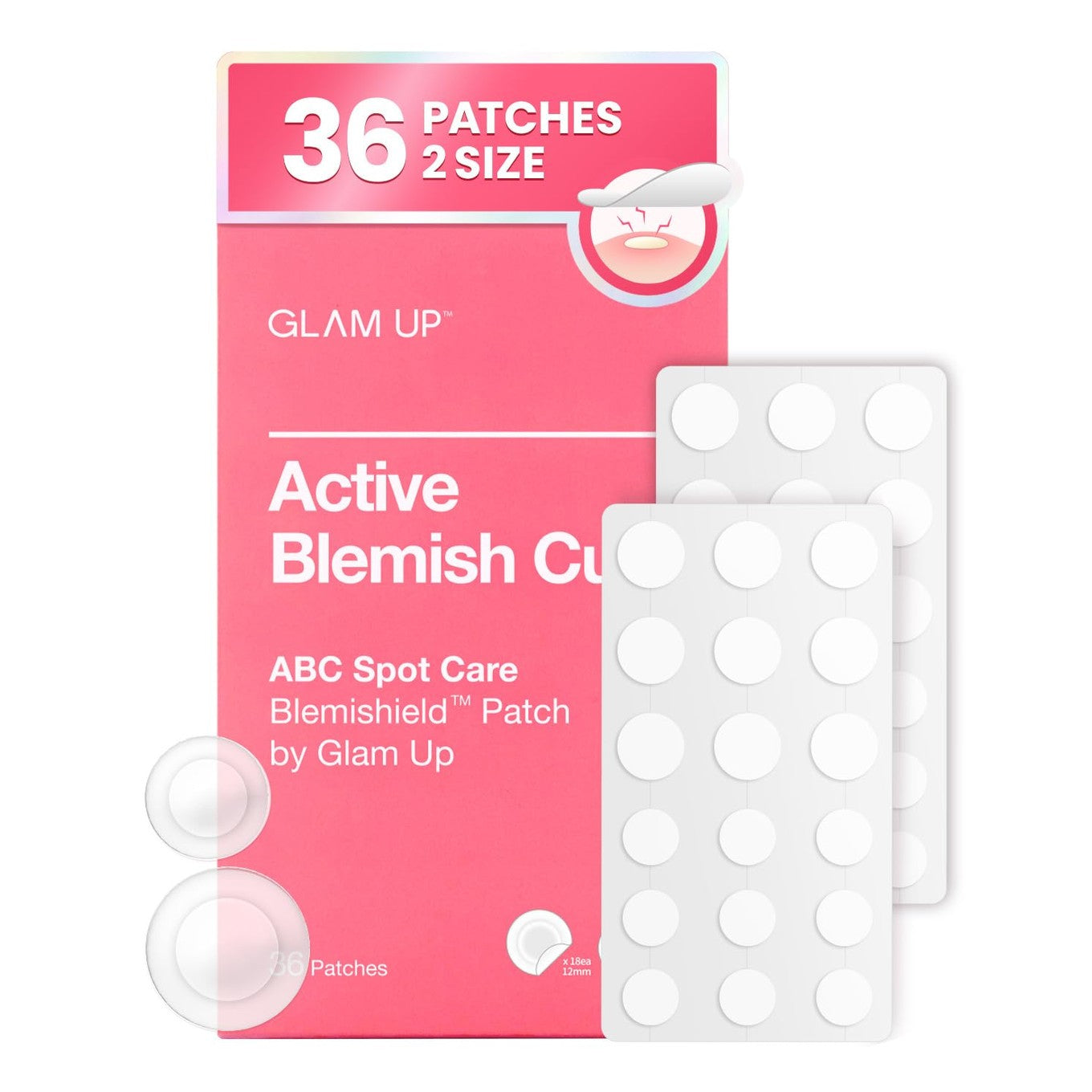 GLAM UP Hydrocolloid Blemish Pimple Zit Patches - Invisible Ultra Thin Spot Cover Stickers for Face and Skin, Strong Water-proof and Adhesive Overnight, Vegan-friendly (36 Count / 2 Sizes) - Medaid International