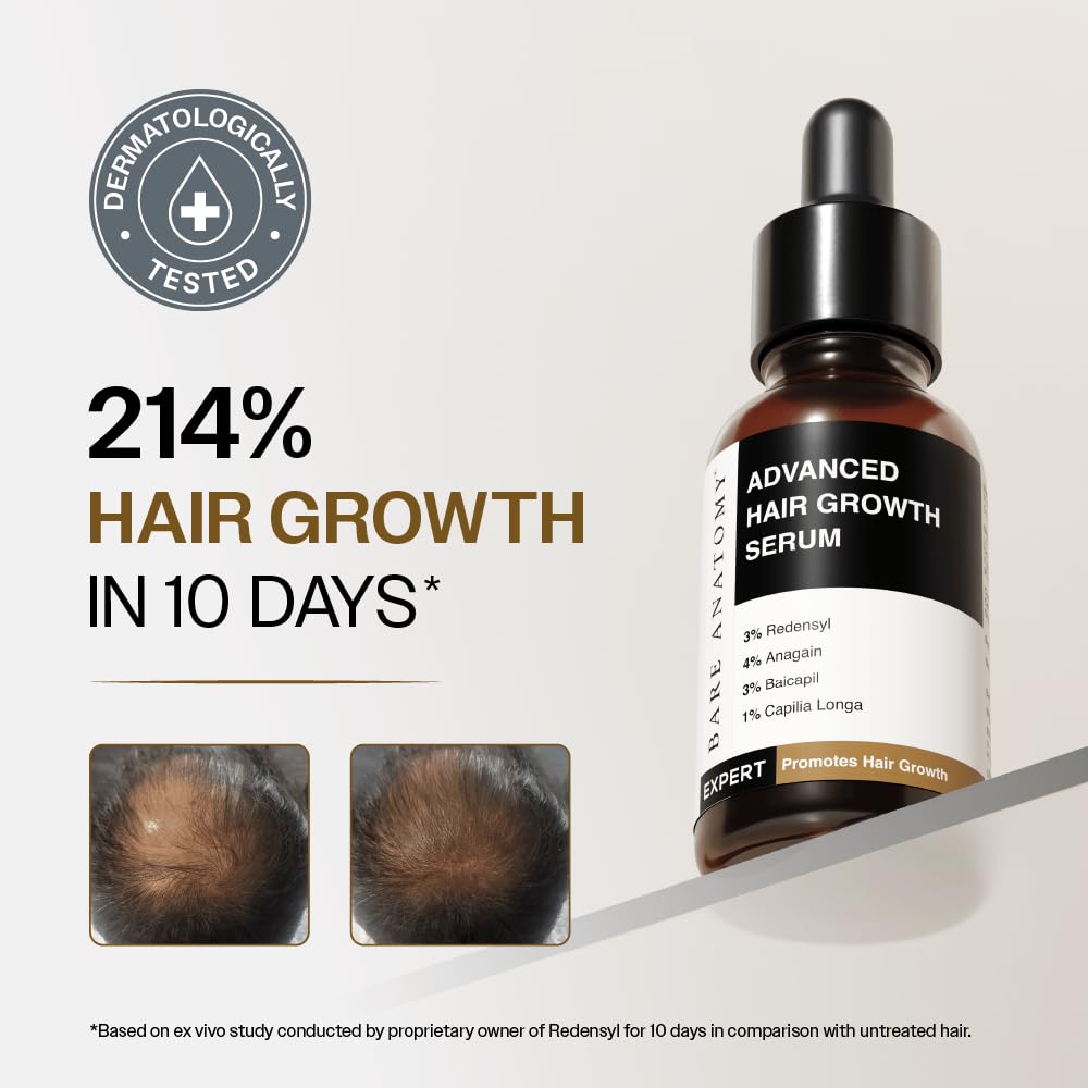 Bare Anatomy Advanced Hair Growth Serum| 3% Redensyl - 2x Better Results than Minoxidil | + 4% Anagain + 3% Baicapil | Rosemary, Biotin | Hair growth & Hair fall control serum for Women & Men | 30mL - Medaid International