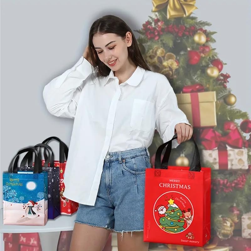 6pcs Christmas Gift Theme Gift Packaging Bag, 10.6''X7.8''X4'' With Handle, Reusable Non-Woven Material, New Year Gift, Christmas Party Supplies Packaging Bag. - Medaid International