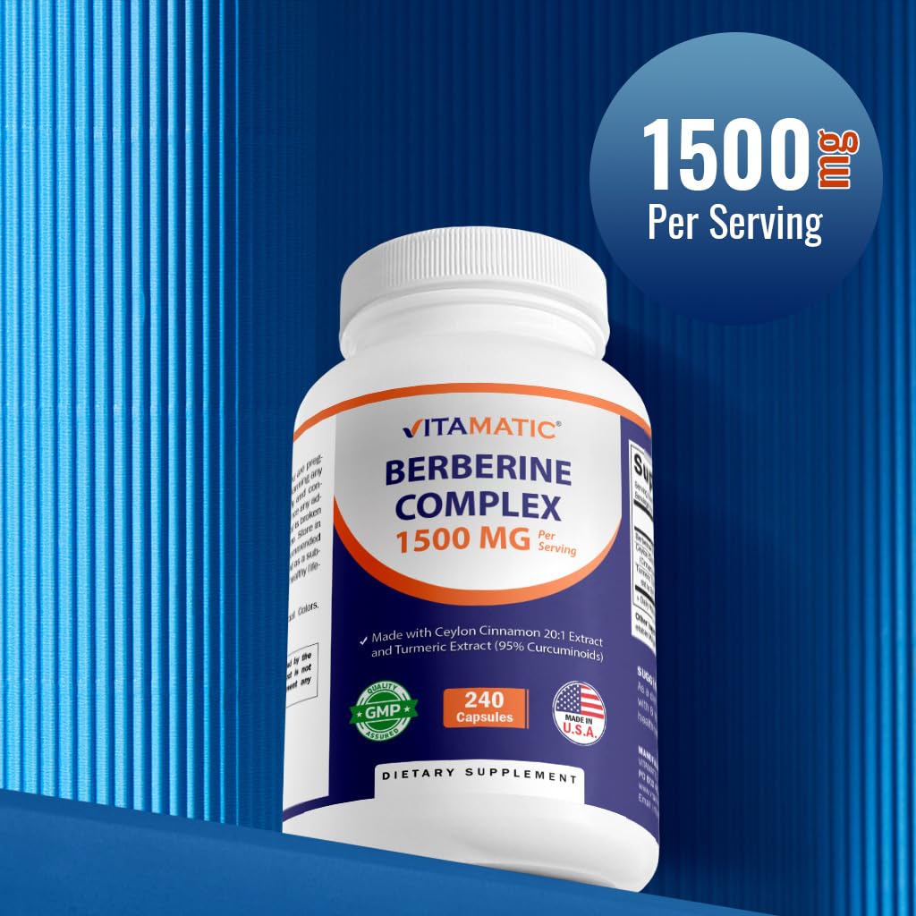 Vitamatic Berberine with Ceylon Cinnamon, 1500mg, 240 Vegetarian Capsules, Non-GMO, Gluten Free - Medaid International