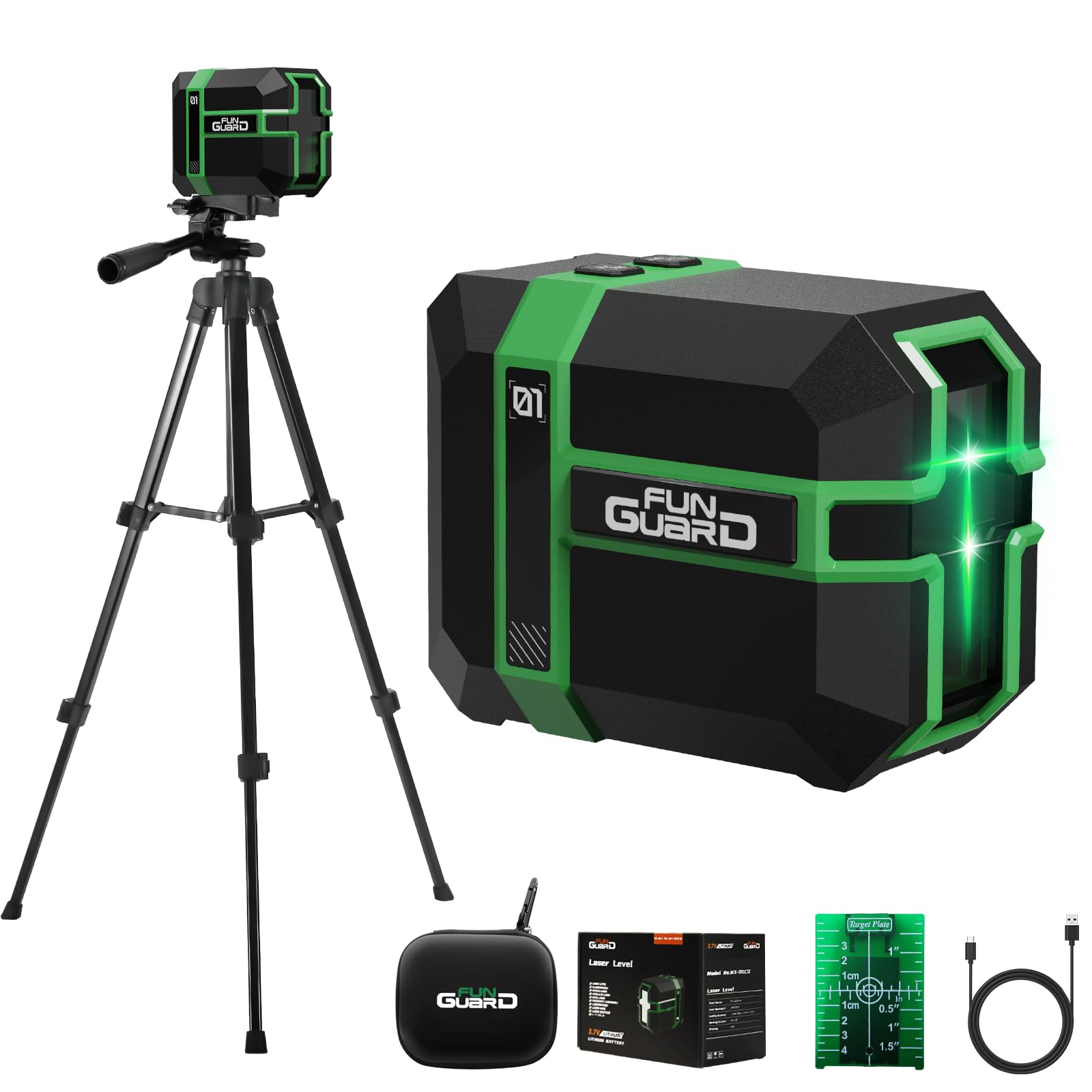 Funguard Green Laser Level with Adjustable Tripod Type-C Rechargeable Lithium Battery 360° Self Leveling Waterproof Outdoor Cross Line with Pulse Mode, Magnetic Bracket - Medaid International