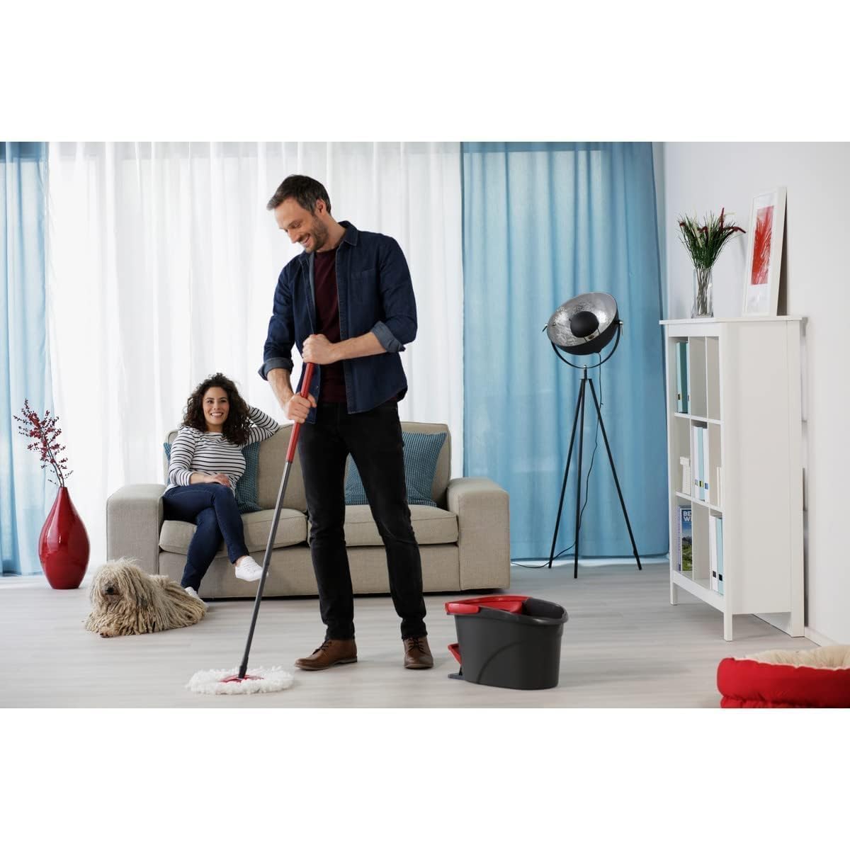 Vileda 163420 - Juego de fregona y Cubo con Pedal de Pie, Mango telescópico 85-125 cm, fregona de Suelo con escurridor Giratorio, Cabezal de fregona de Microfibra 2 en 1, Multicolor, 163420 - Medaid International