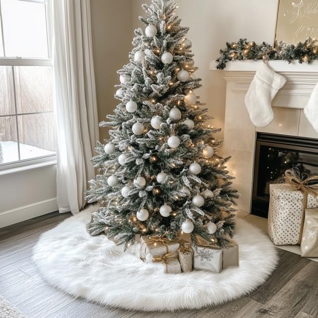 AISENO 48 Inch White Faux Fur Christmas Tree Skirt, Luxury Plush Tree Base Cover for Holiday Party and Home Christmas Decor - Medaid International