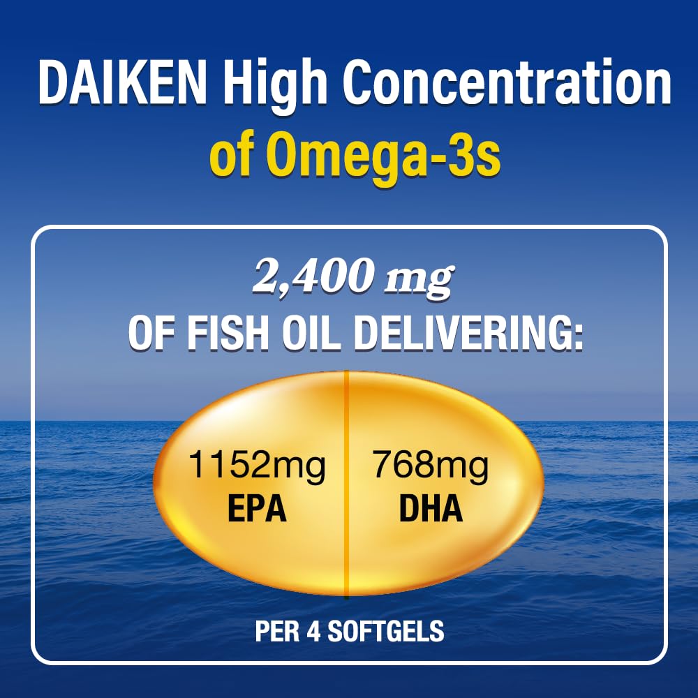 DAIKEN Mini Fish Oil 1200 mg, rTG Omega 3 1000mg, 60 Softgels, High Absorption & Burpless Fish Oil for Healthy Heart, Brain and Dry Eyes Support - Medaid International