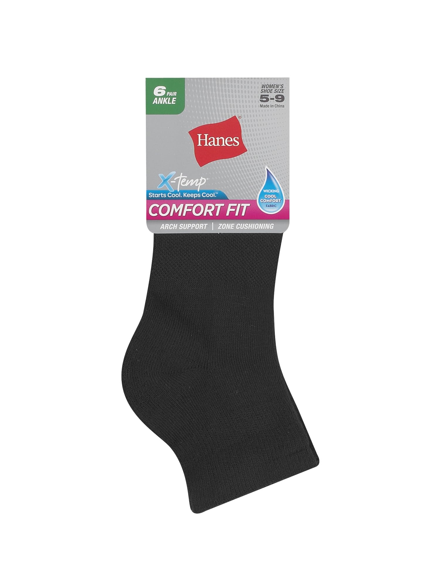 Hanes womens 6-pair Comfort Fit Ankle athletic socks, Black, 5-9 US - Medaid International