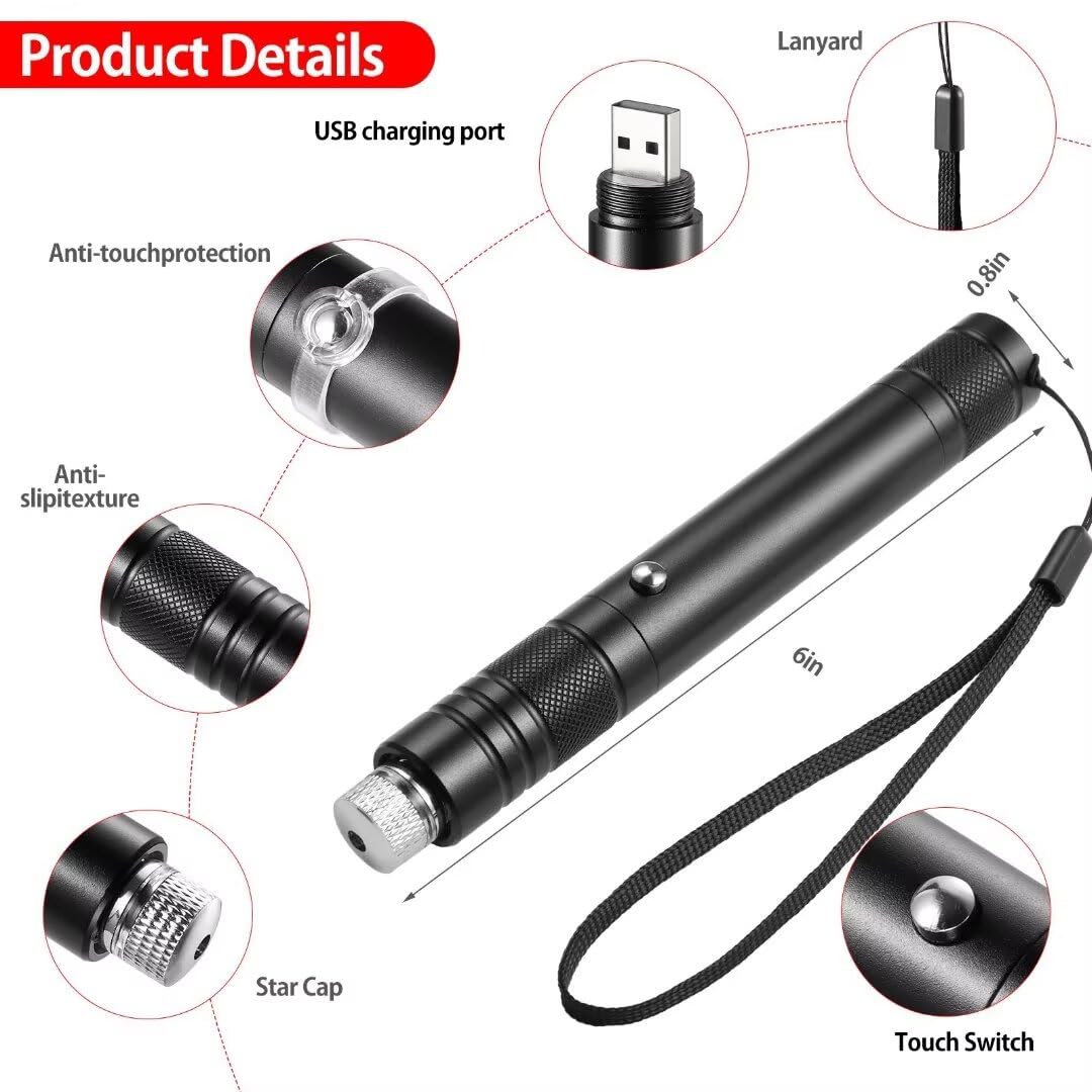 Laser Pointer High Power Rechargeable Lazer Pointer, Laser Pen with Long Range Adjustable Focus with Star Cap, Laser Pointer Pen Suitable for Outdoor, Astronomy, Cats Dogs (Red) - Medaid International