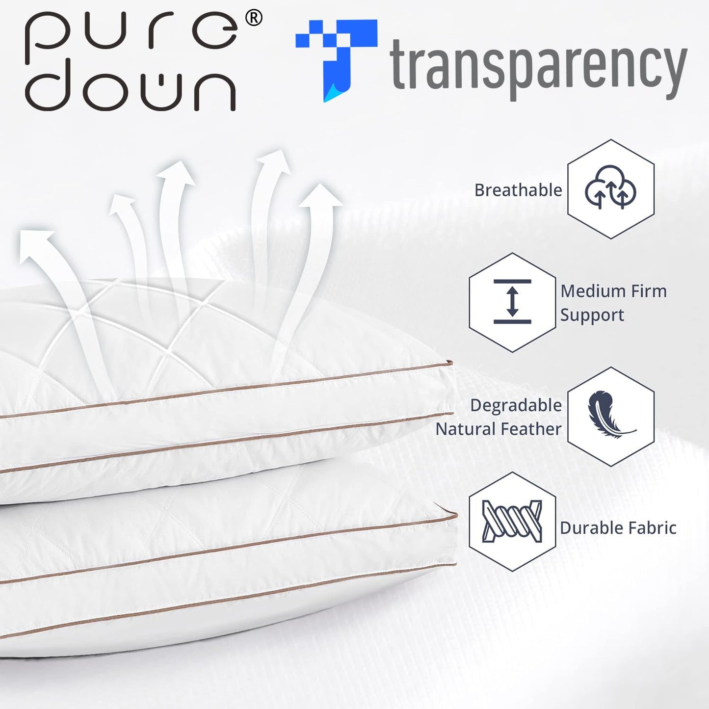 puredown® Goose Feathers and Down Pillow for Sleeping Hotel Collection Bed Pillows, Gusseted, Standard/Queen, Set of 2 - Medaid International