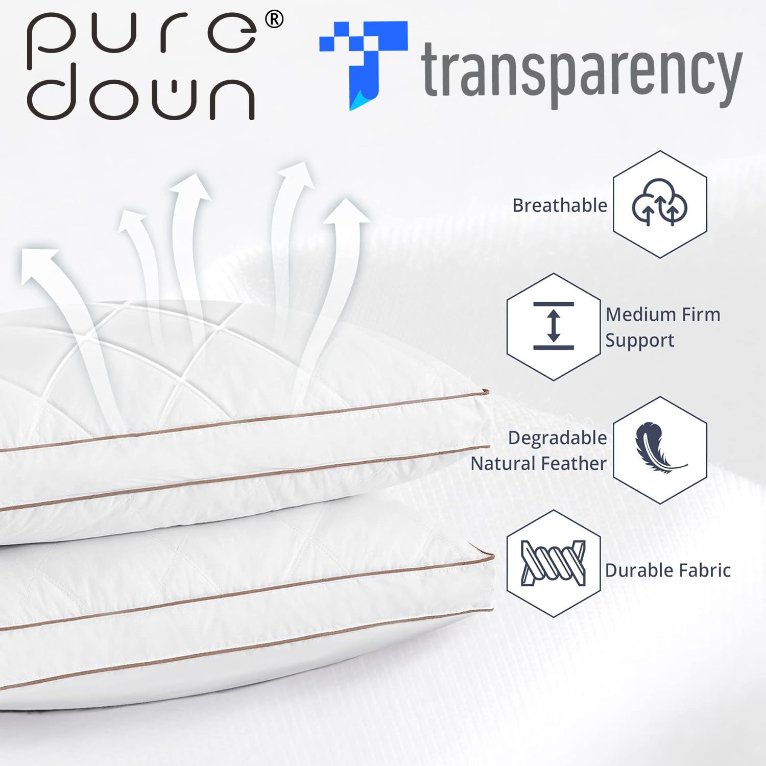puredown® Goose Feathers and Down Pillow for Sleeping Hotel Collection Bed Pillows, Gusseted, Standard/Queen, Set of 2 - Medaid International