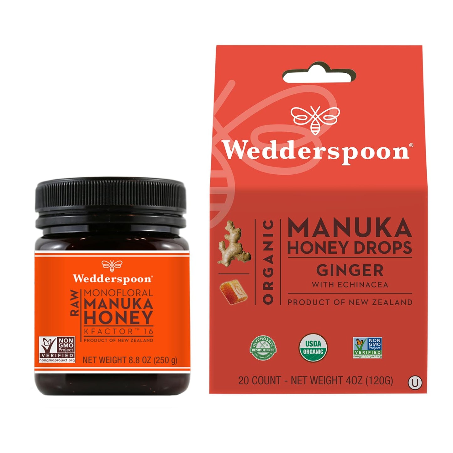 Wedderspoon Raw Premium Manuka Honey KFactor 16 (8.8 Oz, Pack of 1) and Manuka Honey Drops Ginger & Echinacea (20 Count, Pack of 1) - Genuine New Zealand Honey, Perfect Remedy For Dry Throats - Medaid International