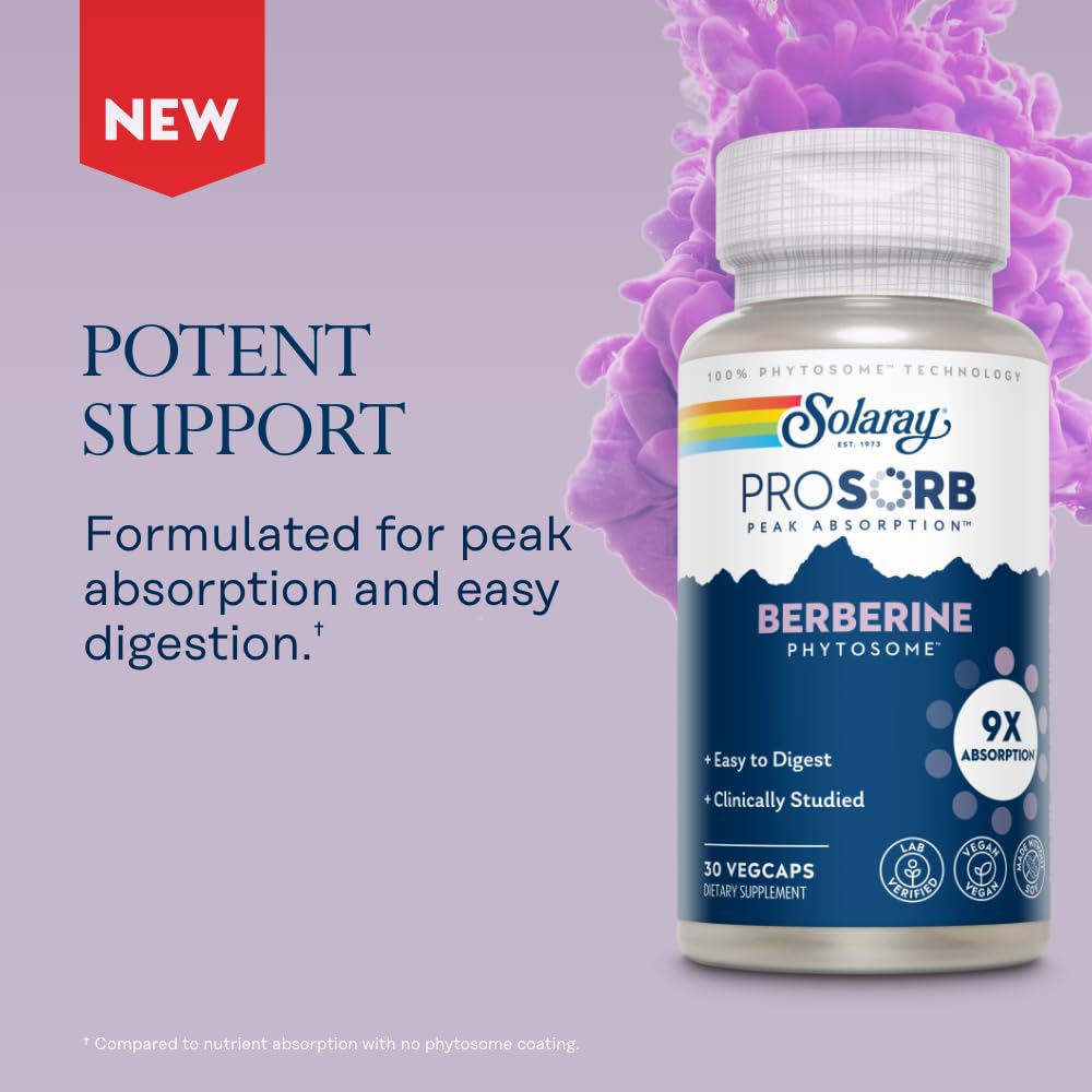 SOLARAY Berberine Phytosome - 9X Absorption and Easy-to-Digest - Standardized to 30% Berberine HCl - Vegan, Made Without Soy - 60-Day Guarantee - 30 Servings, 30 VegCaps - Medaid International