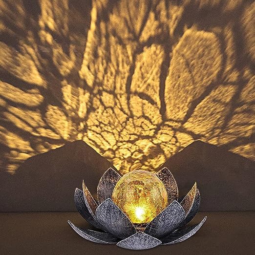 Luz - Solar Lotus Light, Waterproof Metal Garden Lantern, Cracked Crystal Ball