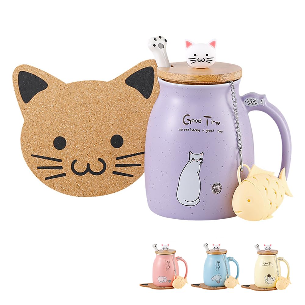 BigNoseDeer Cat Mug Kawaii Tea Cup with Infuser and Lid Purple Cat Ceramic Coffee Mug Cute Cool Preppy Stuff Birthday Gifts for Mom Gifts for Women Girlfriend Girls Cat Lover Gifts(13oz) - Medaid International