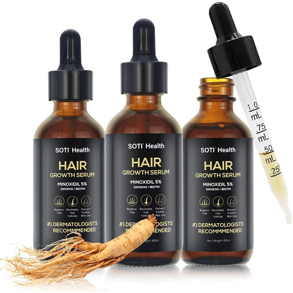 Soti Minoxidil 5% Hair Growth, Hair Loss Regrowth Serum. Made in USA! Dermatologists Recommended. Ginseng and Biotin Extra Strength Formula. (3 Pack) - Medaid