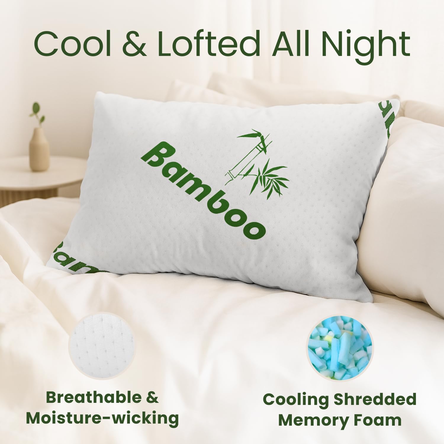 Memory Foam Pillows Queen Size Set of 2 - Cooling Bed Pillows for Sleeping - Back, Stomach, Side Sleeper Firm, Comfy Cool Shredded - 2 Pack, Rayon Derived from Bamboo - Medaid International