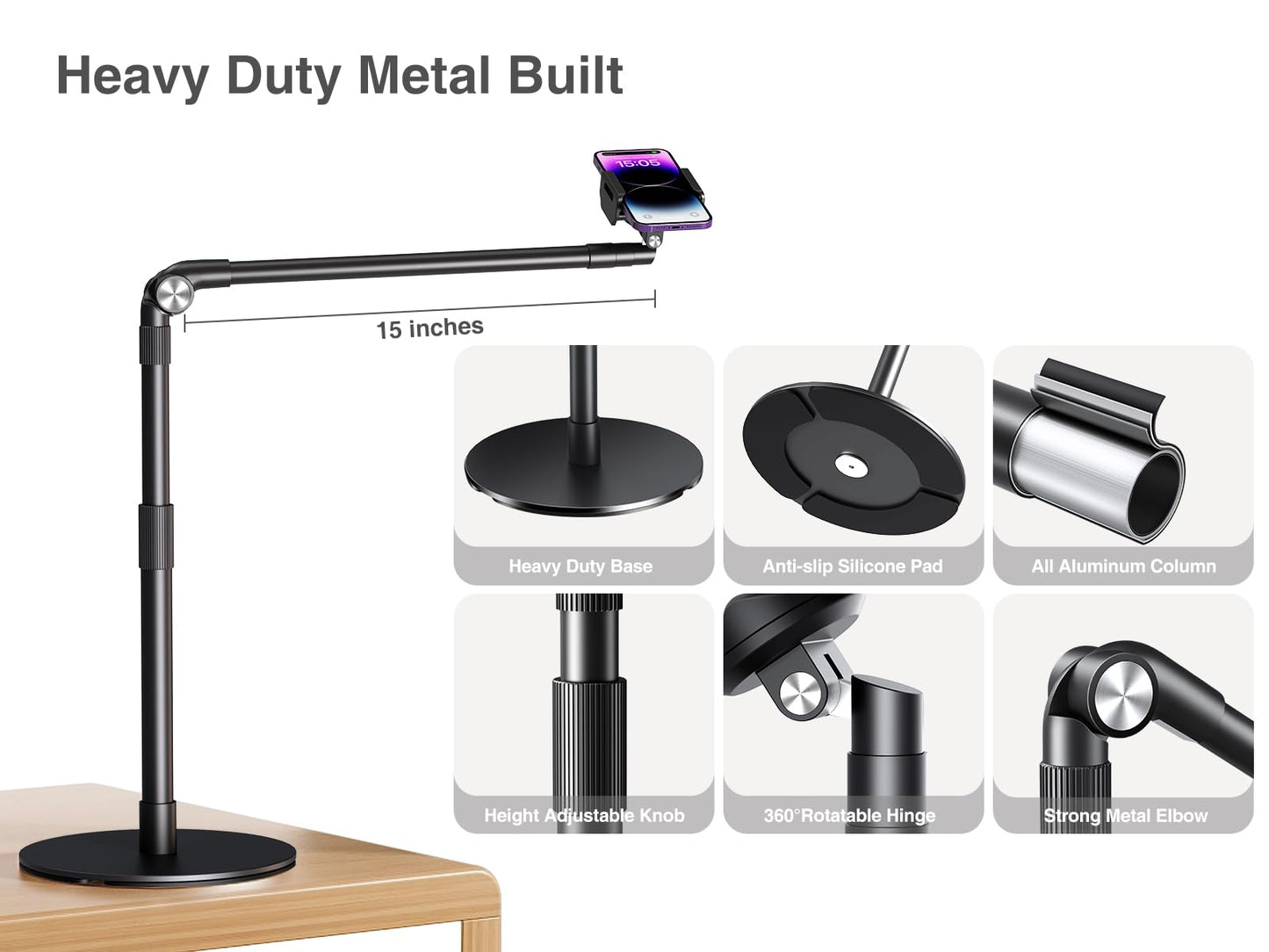 elitehood Heavy Duty Aluminum Overhead Phone Stand, 15 in Long Arm iPhone Holder for Video Recording, 360 Degrees Swivel Tilt Overhead Phone Mount for Filming, Meeting, Cooking, Painting and Crafting - Medaid International