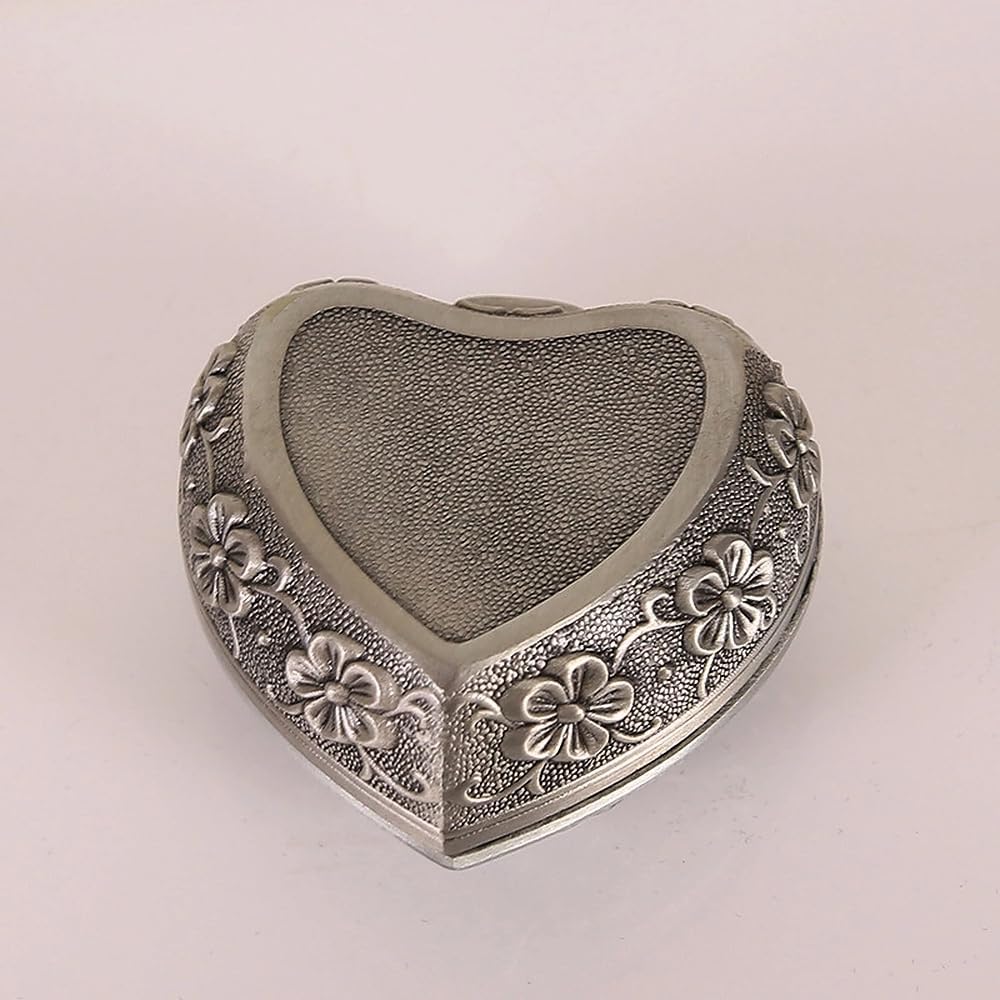 1PC Classic Vintage Antique Heart Shape Jewelry Box Ring Small Trinket Jewellery Storage Organiser Chest Christmas Gift, Silver - Medaid International