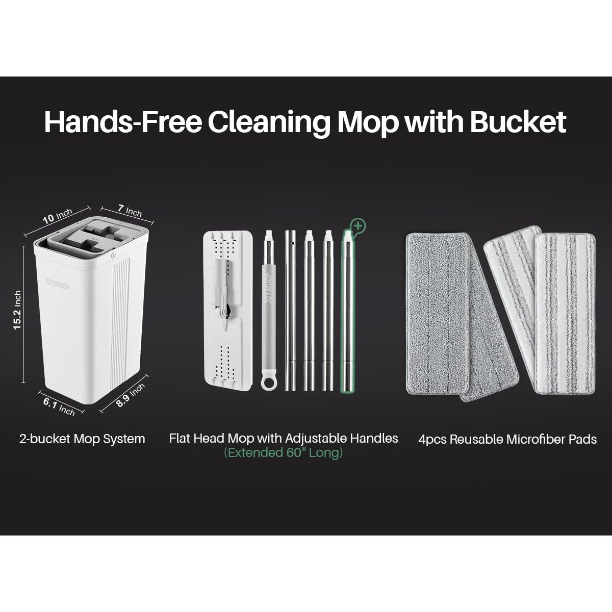 JOYMOOP Mop and Bucket Set with Wringer, Flat Mops for Floor Cleaning, Wall Mop Cleaner with Long Handle, Hardwood Floor Mop with 4 Microfiber Pads - Medaid International