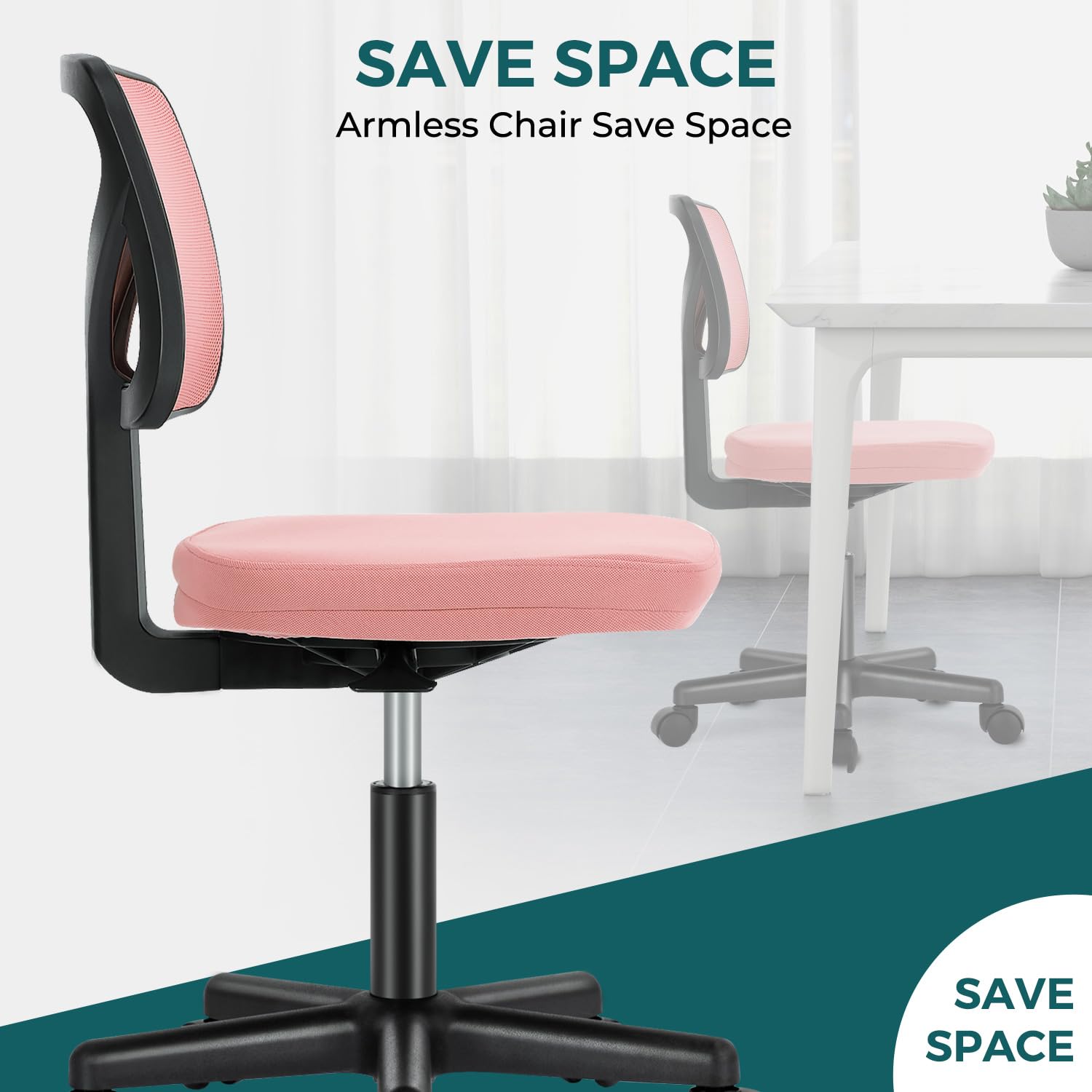 DUMOS Armless Desk Chairs with Wheels, Ergonomic Adjustable Home Office Swivel Rolling Task Chair No Arms, Comfy Mesh Mid Back Computer Work Vanity Desk Seat for Small Spaces, Light Pink - Medaid International